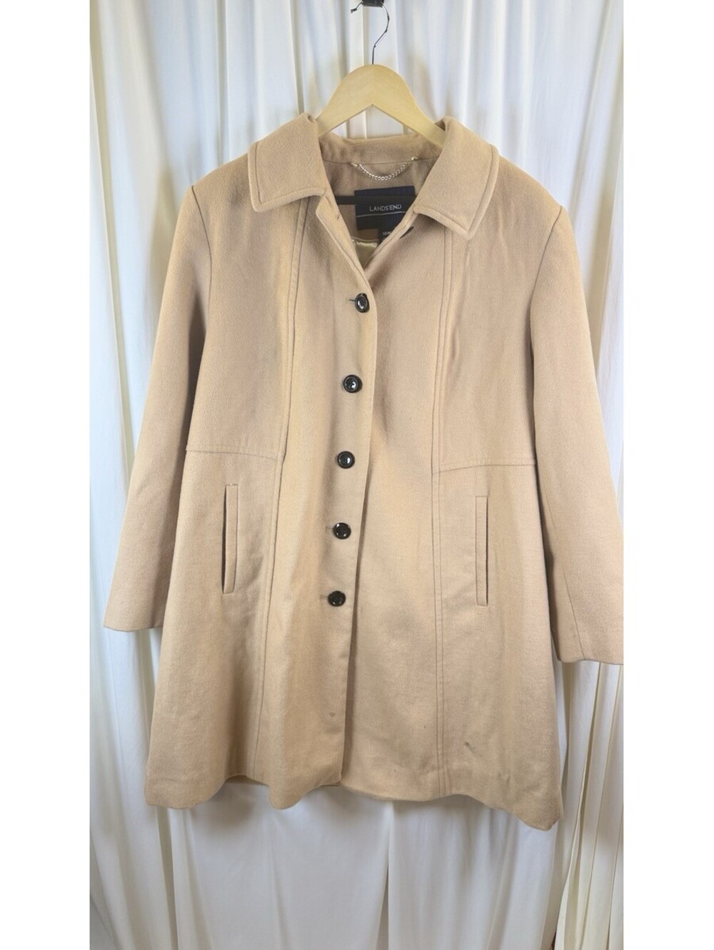 Land's End Women's Wool Blend Pea Coat Camel Beige Lined Long Button 18 W READ
